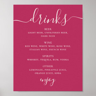 Póster Menú de Bebidas de Boda en Rosa Frambuesa con Letr