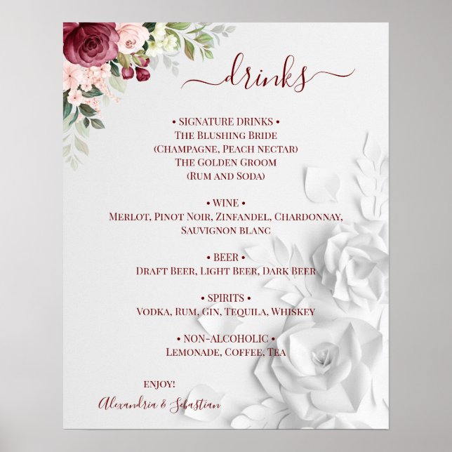 Póster Menú de Bebidas de Boda Floral (Frente)