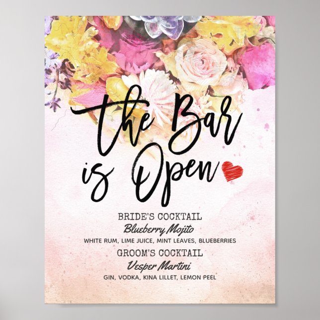 Póster Menú de Bebidas de Boda Floral Elegante El Bar Est (Frente)