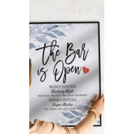 Póster Menú de Bebidas de Boda Hojas Azules El Bar Está A