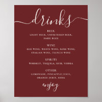 Menú de Bebidas de Boda Rojo Vino Profundo. Letrer