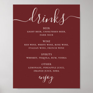 Póster Menú de Bebidas de Boda Rojo Vino Profundo. Letrer