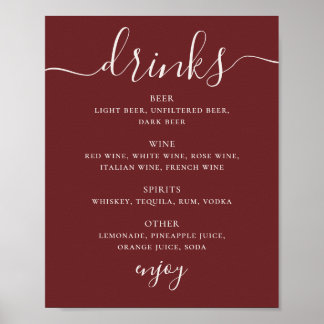 Póster Menú de Bebidas de Boda Rojo Vino Profundo. Letrer