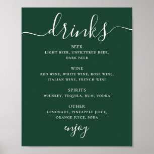 Póster Menú de Bebidas de Boda Verde Bosque Oscuro Letr