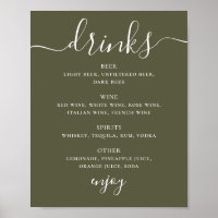 Menú de Bebidas de Boda Verde Oliva Suave | Menú d