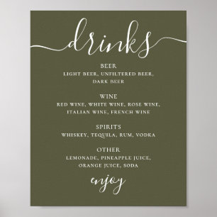Póster Menú de Bebidas de Boda Verde Oliva Suave Menú d