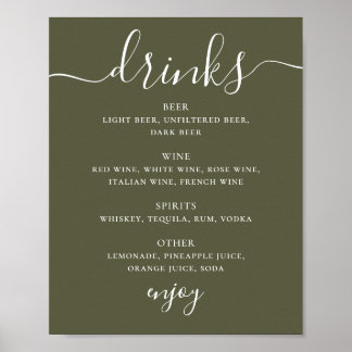 Póster Menú de Bebidas de Boda Verde Oliva Suave | Menú d