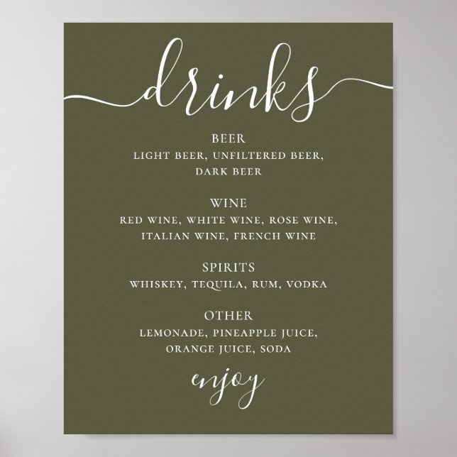 Póster Menú de Bebidas de Boda Verde Oliva Suave | Menú d (Frente)