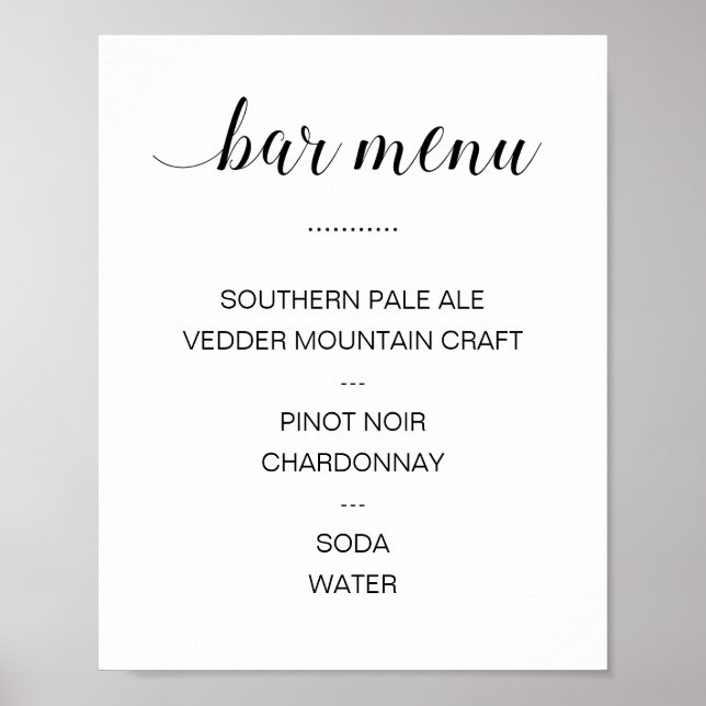 Póster Menú de Bebidas de Caligrafía Elegante para Boda (Frente)