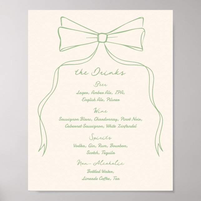 Póster Menú de bebidas de la barra de Boda verde de la ba (Frente)