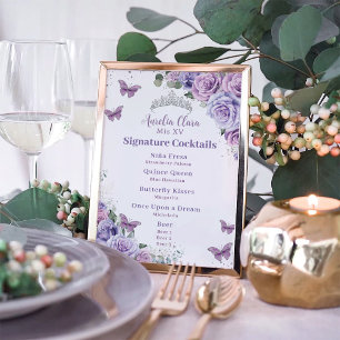 Póster Menú de bebidas de la barra Quinceanera floral de