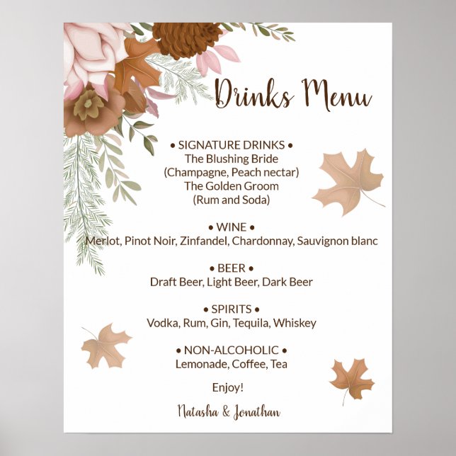 Póster Menú de Bebidas de Otoño Boho para Boda (Frente)