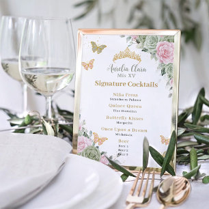 Póster Menú de bebidas del bar Quinceanera con flores ros