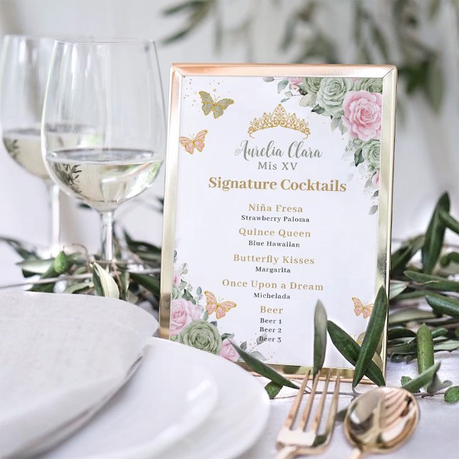 Póster Menú de bebidas del bar Quinceanera con flores ros (Subido por el creador)