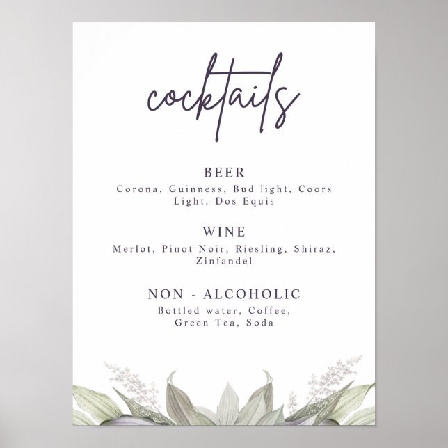 Póster Menú de Bebidas Floral Morado y Verde Airy, Fiesta (Frente)