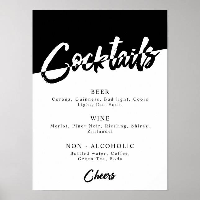 Póster Menú de Bebidas para Fiesta Negra y Blanca Chic (Frente)