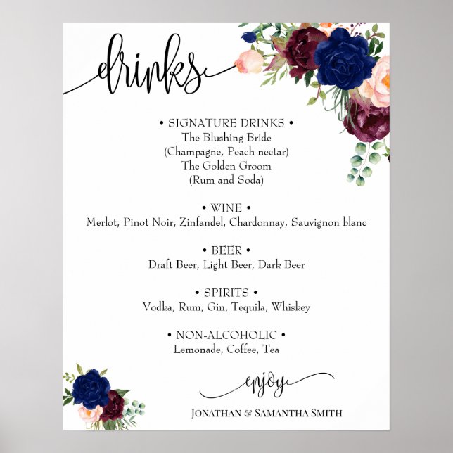 Póster Menú de bebidas signo boda marina borgoña floral (Frente)
