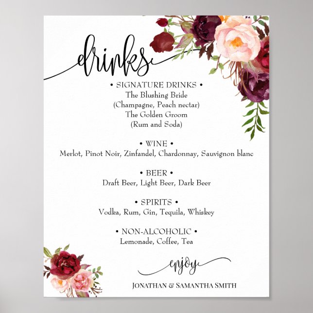 Póster Menú de bebidas signo boda marsala floral boho chi (Frente)