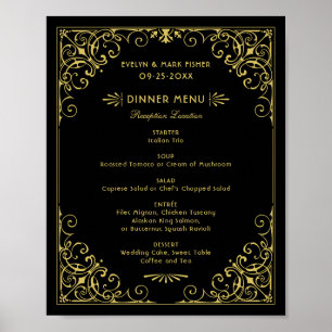 Póster Menú de Boda Art Déco Vintage Negro y Dorado