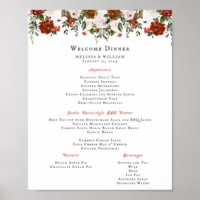 Póster Menú de Boda Botánico Boho | Floral Rústico (Frente)