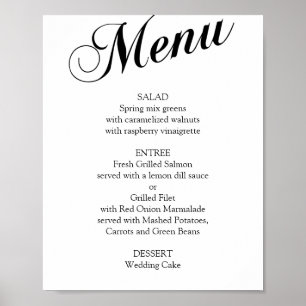 Póster Menú de boda con letra elegante en blanco y negro