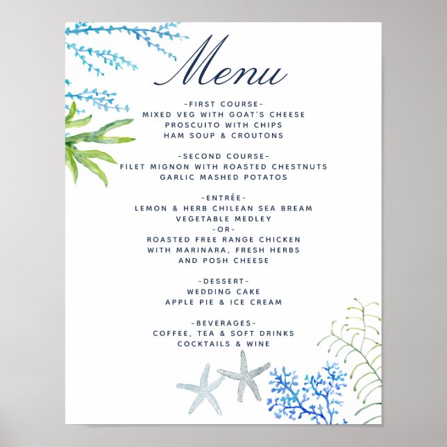 Póster Menú de boda de playa con algas acuarela (Frente)