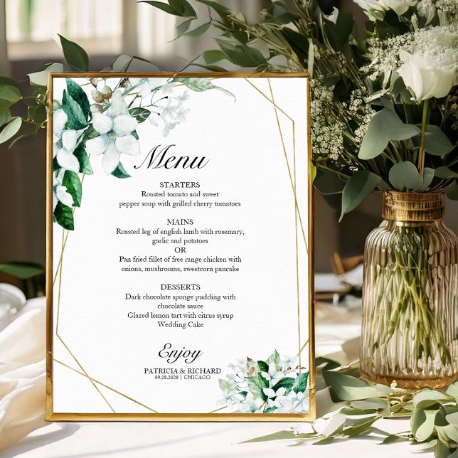 Póster Menú de boda floral verde elegante geométrico (Subido por el creador)
