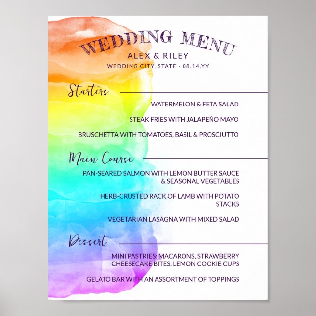 Póster Menú de Boda LGBTQ Splash de Acuarela Arcoíris (Frente)