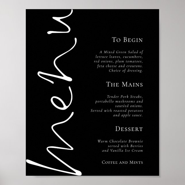 Póster Menú de Boda Negro Simple Letra Estilosa (Frente)