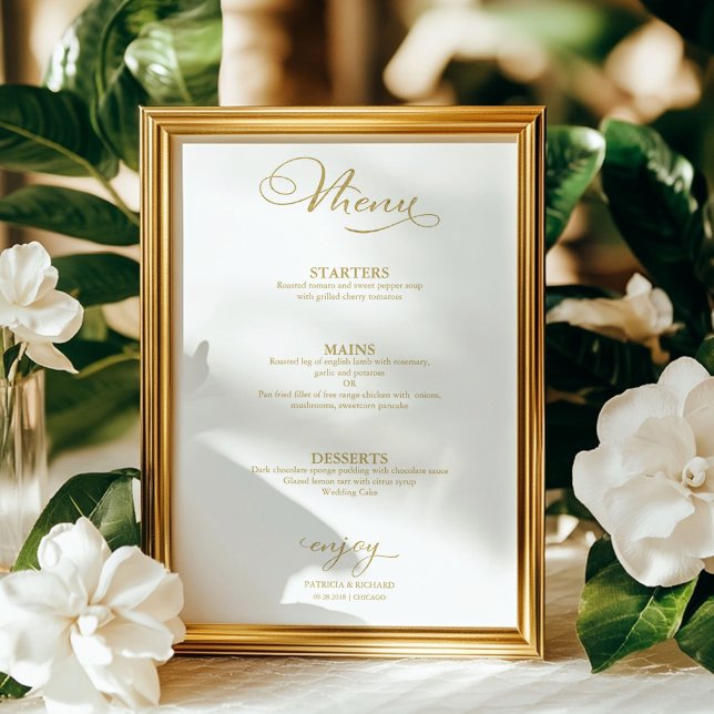 Póster Menú de Boda Sencillo Elegante con Hoja de Oro (Subido por el creador)