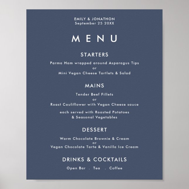 Póster Menú de Boda Simple Texto Azul Marino Polvoriento (Frente)