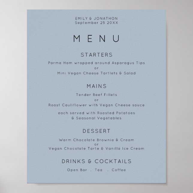 Póster Menú de Boda Simple Texto Azul Polvoriento (Frente)