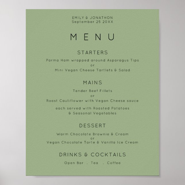 Póster Menú de Boda Simple Texto Verde Salvia (Frente)