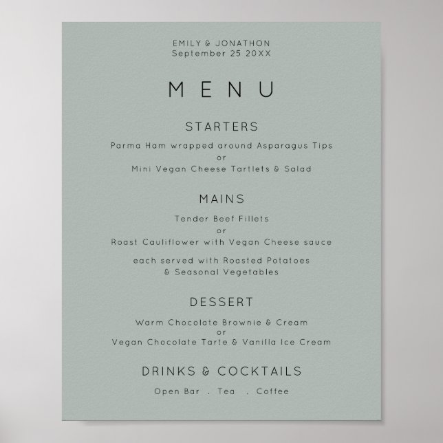 Póster Menú de Boda Simple Verde Salvia Plateado (Frente)