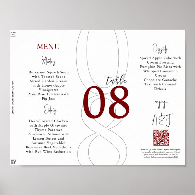 Póster Menú de Boda Tri-Fold Moderno Simple Rojo (Frente)