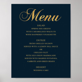 Póster Menú de cena de boda dorado. Azul marino elegante