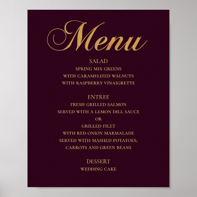 Póster Menú de cena de boda dorado. Burgundy elegante sim (Frente)