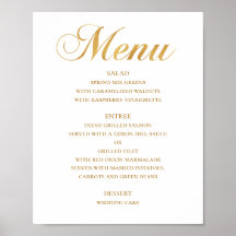Menú de cena de boda dorado. Letra simple elegante