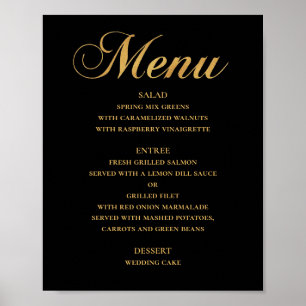 Póster Menú de cena de boda dorado. Simple elegante negro