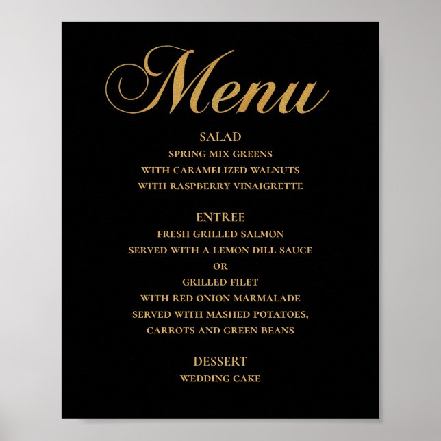 Póster Menú de cena de boda dorado. Simple elegante negro (Frente)