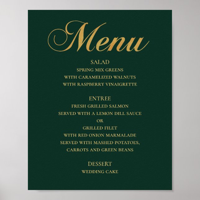 Póster Menú de cena de boda dorado. Verde elegante simple (Frente)