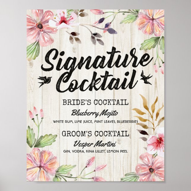 Póster Menú de cóctel de firma de boda floral chic (Frente)