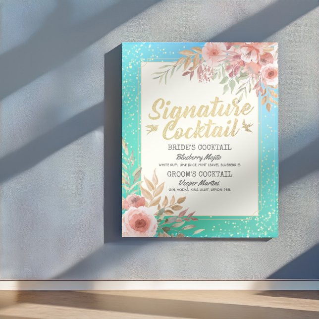 Póster Menú de Cóctel de Firma de Boda Floral Rosa (Subido por el creador)