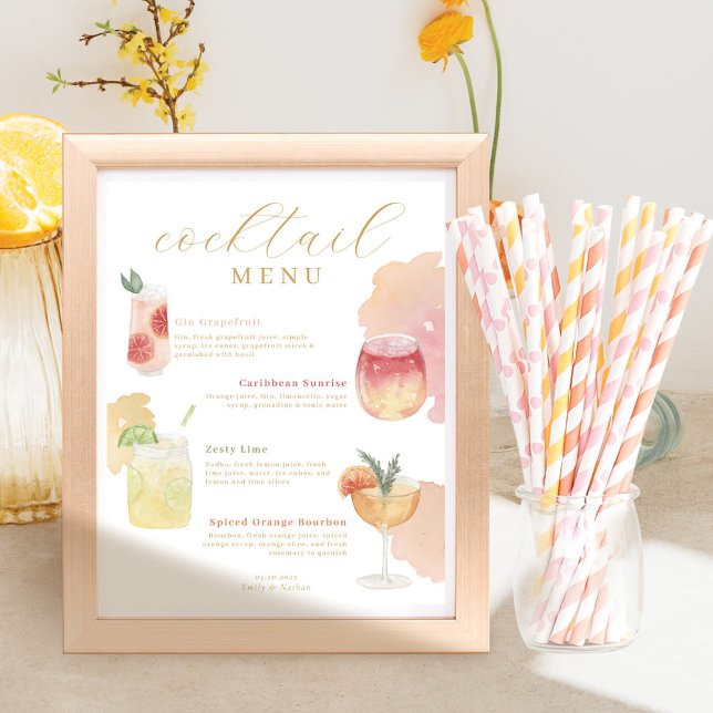 Póster Menú de Cócteles Acuarela Bar de Bebidas para Boda (Subido por el creador)