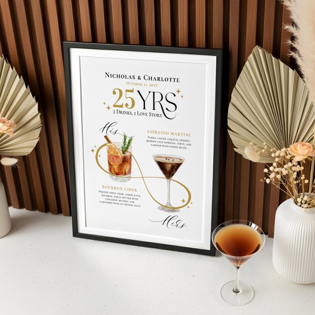 Póster Menú de cócteles Aniversario de las bebidas de fir (Signature Drinks Wedding Anniversary Cocktail Menu Poster)