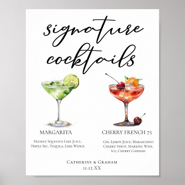 Póster Menú de cócteles Bodas Margarita Cherry French 75 (Frente)