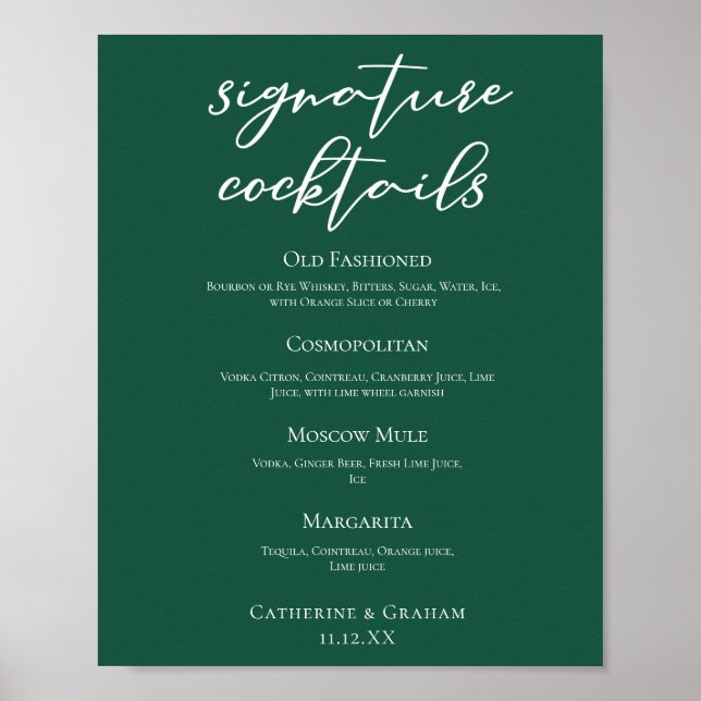 Póster Menú de cócteles con la firma del Boda verde esmer (Frente)