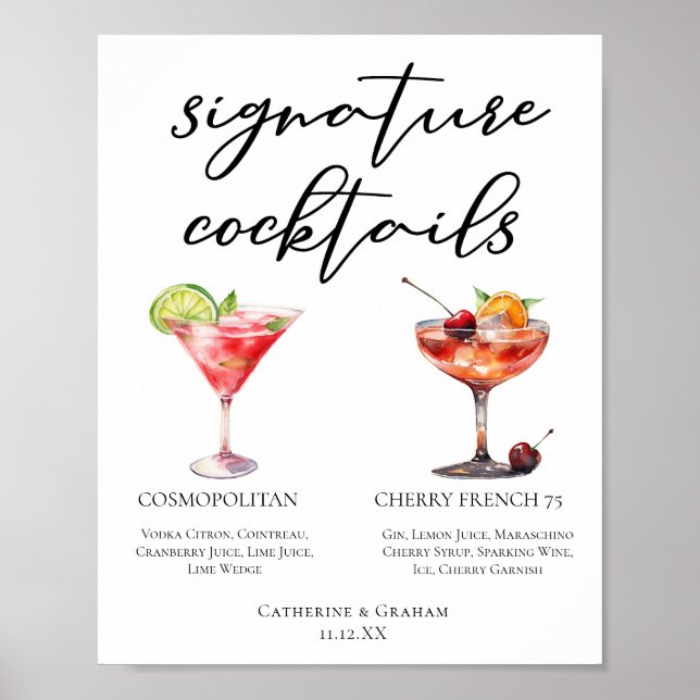 Póster Menú de cócteles Cosmopolitan Cherry French 75 (Frente)