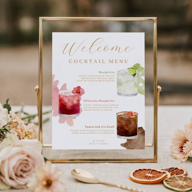 Póster Menú de Cócteles de Bienvenida Acuarela para Boda (Welcome Watercolor Cocktails Wedding Drink Menu Poster)