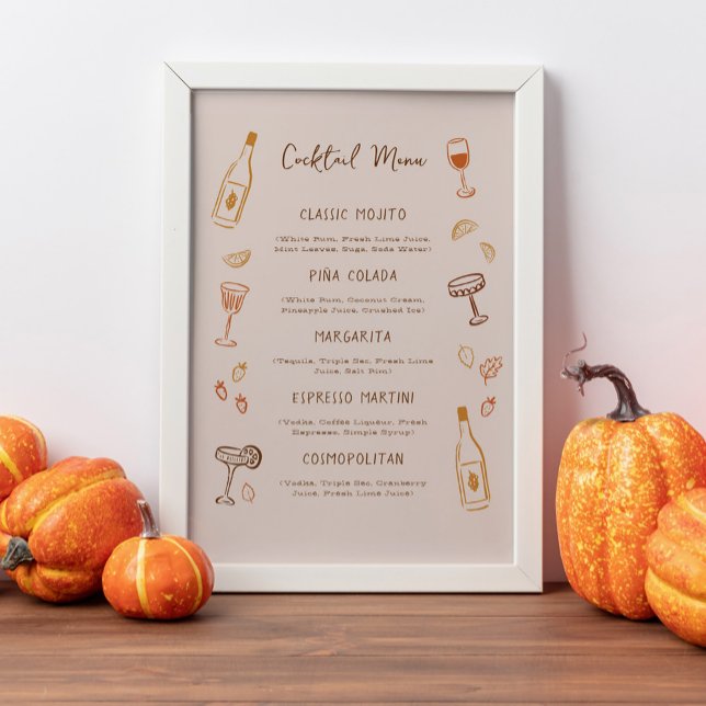 Póster Menú de cócteles de firma dibujados a mano para Ac (Friendsgiving or Thanksgiving signature cocktail menu sign with fall doodles)